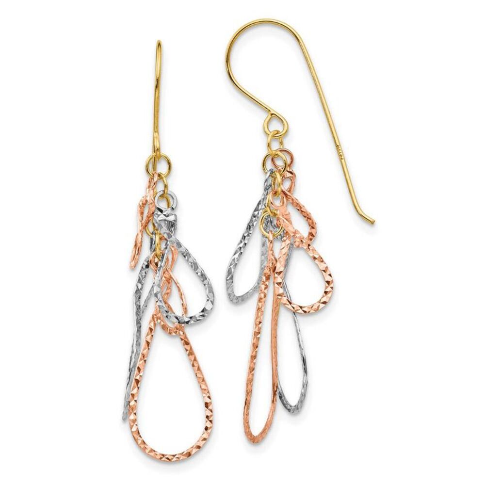 Tri Color Diamond Cut Multi Teardrop Dangle Earrings in 14k Gold
